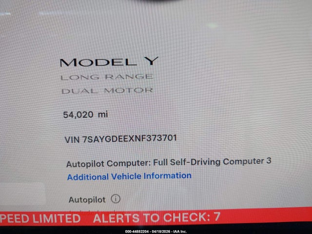 Aukcja sprzedaży 2022 Tesla Model Y Long Range Dual Motor All-wheel Drive, vin: 7SAYGDEEXNF373701, numer aukcji: 44882204