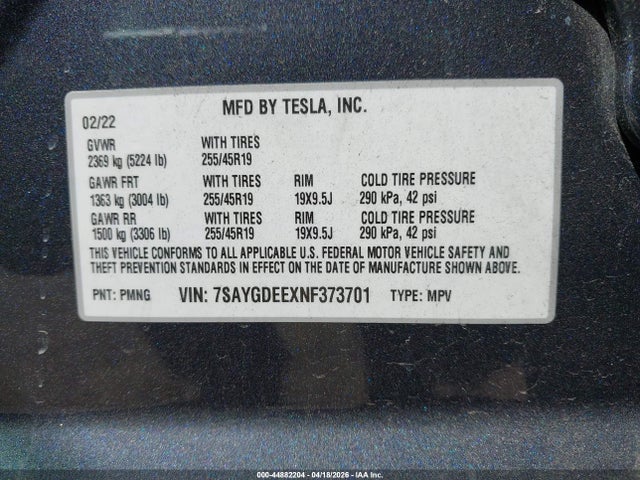 Aukcja sprzedaży 2022 Tesla Model Y Long Range Dual Motor All-wheel Drive, vin: 7SAYGDEEXNF373701, numer aukcji: 44882204