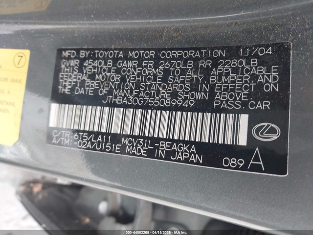 2005 Lexus Es 330 მანქანა იყიდება აუქციონზე, vin: JTHBA30G755089949, აუქციონის ნომერი: 44882205
