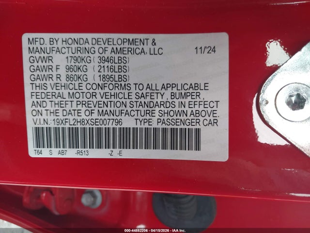 19XFL2H8XSE007796 Honda Civic Sedan Sport