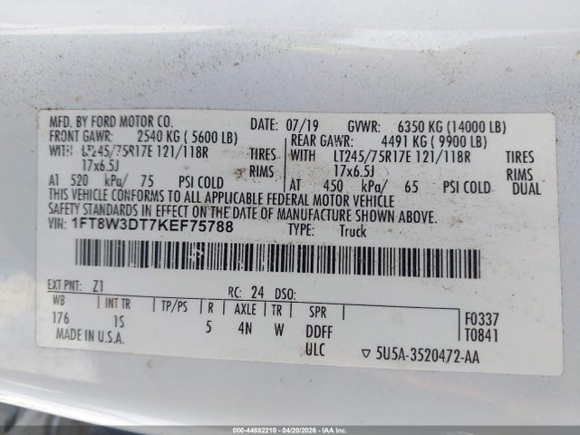 1FT8W3DT7KEF75788 Ford F-350 Xl