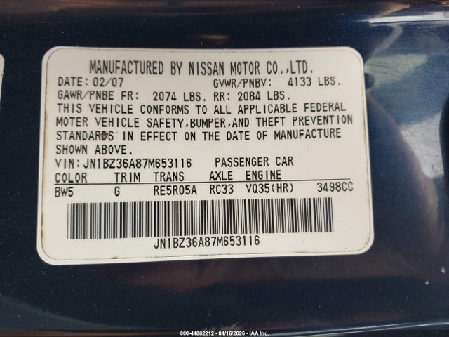 2007 Nissan 350z Touring მანქანა იყიდება აუქციონზე, vin: JN1BZ36A87M653116, აუქციონის ნომერი: 44882212