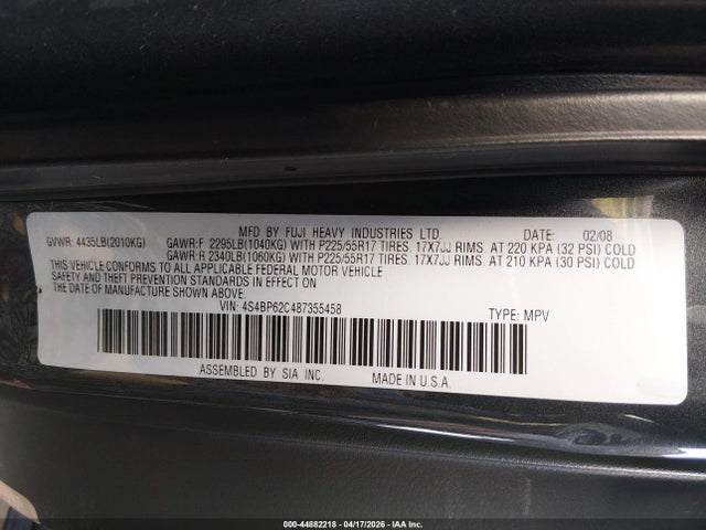 Продаж на аукціоні авто 2008 Subaru Outback 2.5i Limited/2.5i Limited L.l. Bean Edition, vin: 4S4BP62C487355458, номер лоту: 44882218