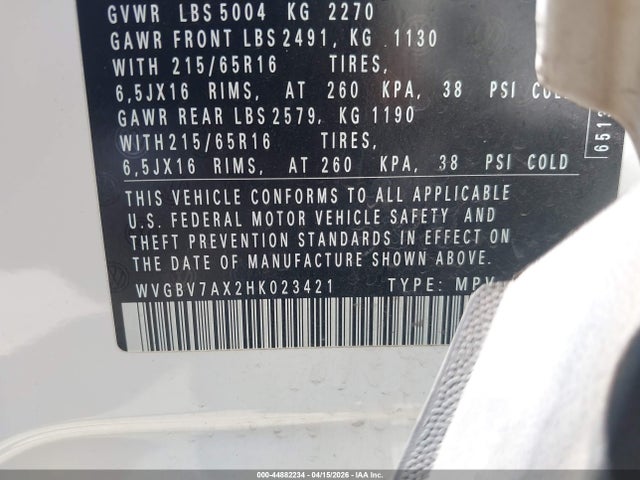 WVGBV7AX2HK023421 Volkswagen Tiguan 2.0t/2.0t S
