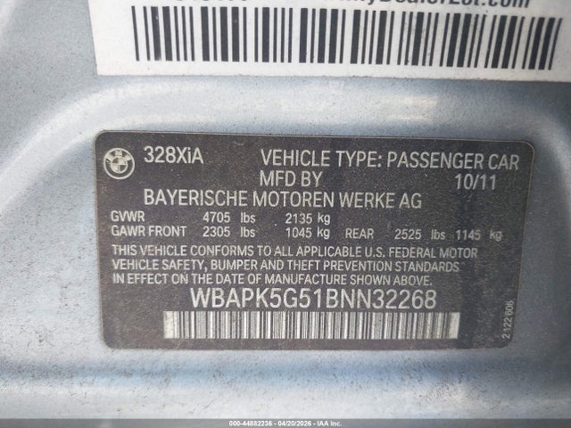 2011 Bmw 328i Xdrive მანქანა იყიდება აუქციონზე, vin: WBAPK5G51BNN32268, აუქციონის ნომერი: 44882236