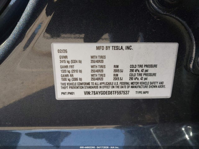 7SAYGDED8TF597537 Tesla Model Y Premium Rear-wheel Drive/standard Rear-wheel Drive