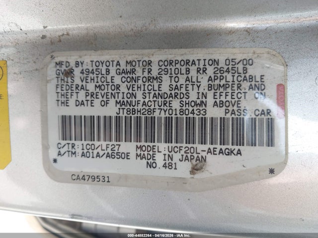 44882264 :رقم المزاد ، JT8BH28F7Y0180433 vin ، 2000 Lexus Ls 400 مزاد بيع