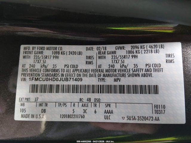 Aukcja sprzedaży 2018 Ford Escape Sel, vin: 1FMCU0HD0JUB71409, numer aukcji: 44882268
