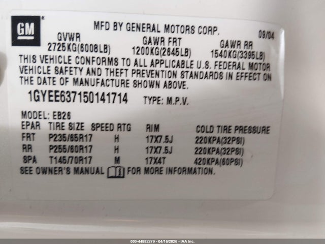 44882279 :رقم المزاد ، 1GYEE637150141714 vin ، 2005 Cadillac Srx V6 مزاد بيع