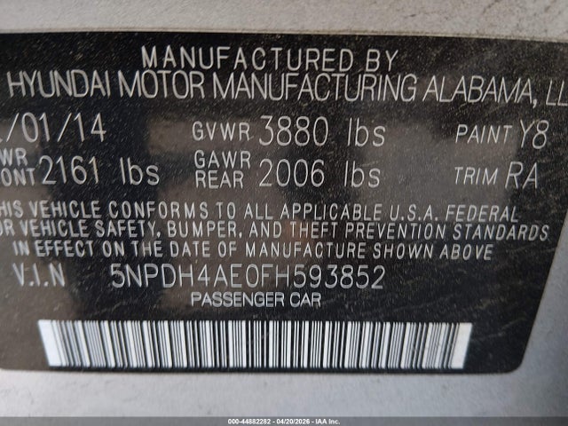44882282 :رقم المزاد ، 5NPDH4AE0FH593852 vin ، 2015 Hyundai Elantra Se مزاد بيع