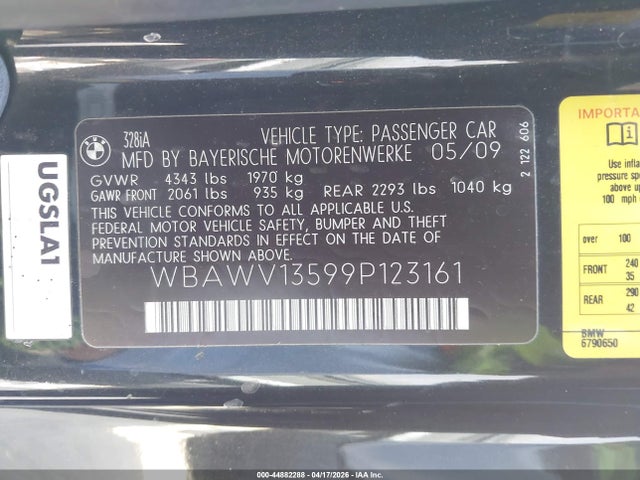 Продаж на аукціоні авто 2009 Bmw 328i, vin: WBAWV13599P123161, номер лоту: 44882288
