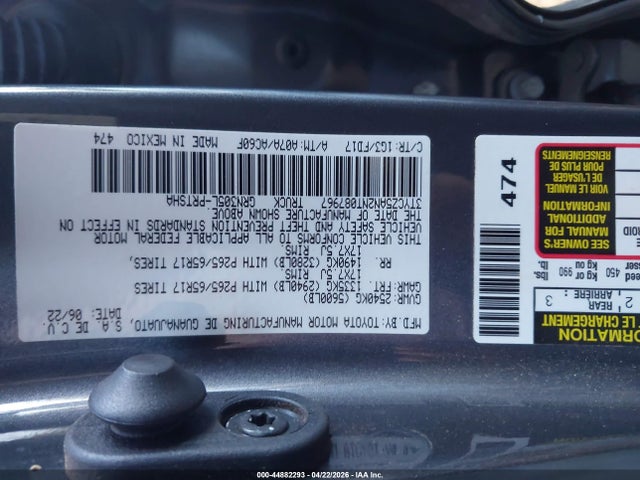 44882293 :رقم المزاد ، 3TYCZ5AN2NT087967 vin ، 2022 Toyota Tacoma Sr V6/sr5 V6/trd Off Road/trd Pro/trd Sport مزاد بيع