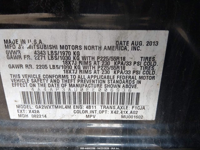 Продажа на аукционе авто 2014 Mitsubishi Outlander Sport Es, vin: 4A4AP3AU0EE006936, номер лота: 44882296