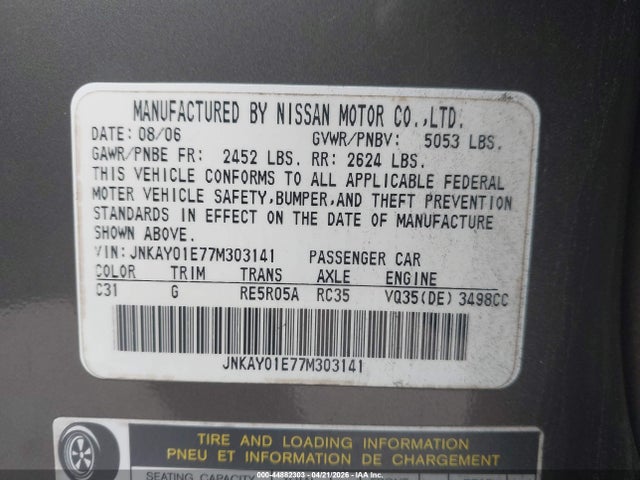 Aukcja sprzedaży 2007 Infiniti M35, vin: JNKAY01E77M303141, numer aukcji: 44882303