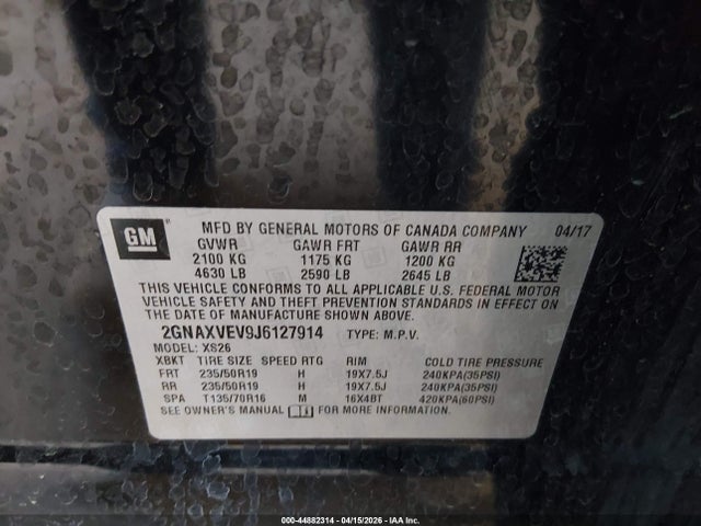 Aukcja sprzedaży 2018 Chevrolet Equinox Premier, vin: 2GNAXVEV9J6127914, numer aukcji: 44882314