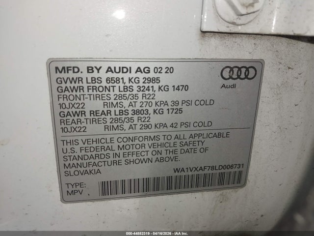 Aukcja sprzedaży 2020 Audi Q7 Prestige 55 Tfsi Quattro Tiptronic, vin: WA1VXAF78LD006731, numer aukcji: 44882319