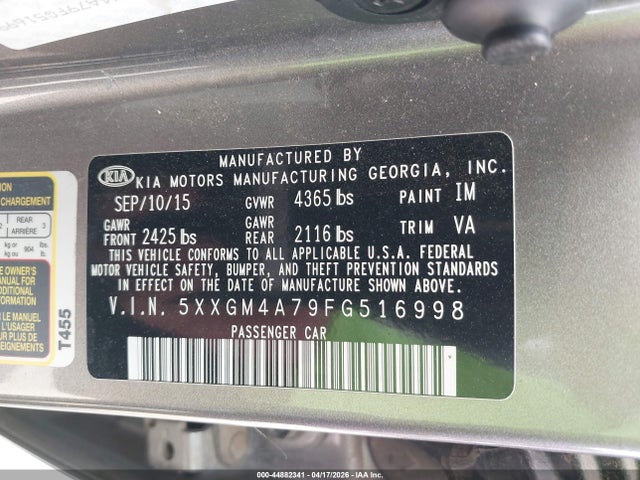 Продажа на аукционе авто 2015 Kia Optima Lx, vin: 5XXGM4A79FG516998, номер лота: 44882341