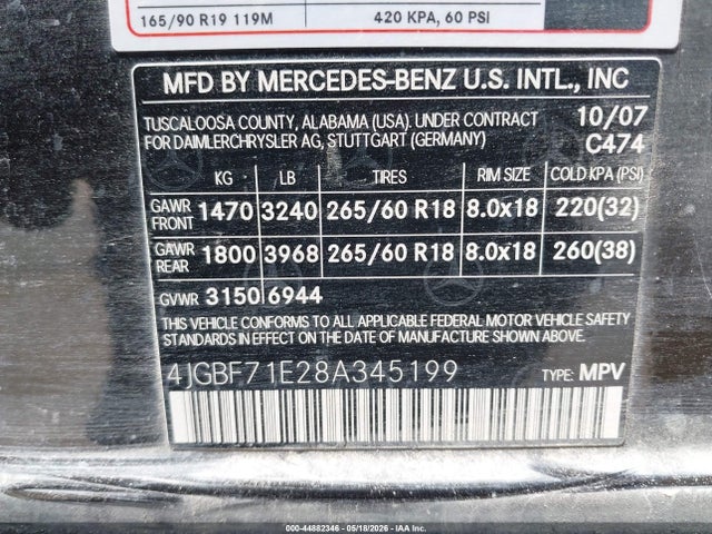 44882346 :رقم المزاد ، 4JGBF71E28A345199 vin ، 2008 Mercedes-benz Gl 450 4matic مزاد بيع