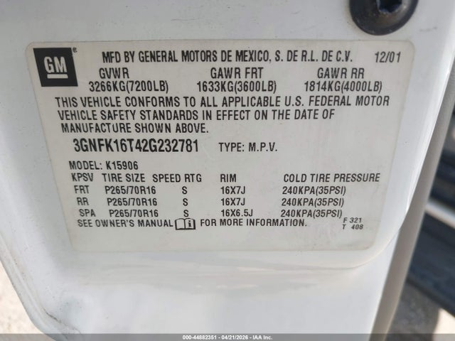 2002 Chevrolet Suburban 1500 Lt მანქანა იყიდება აუქციონზე, vin: 3GNFK16T42G232781, აუქციონის ნომერი: 44882351