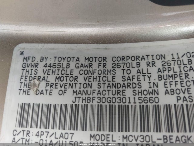 Aukcja sprzedaży 2003 Lexus Es 300, vin: JTHBF30G030115660, numer aukcji: 44882366