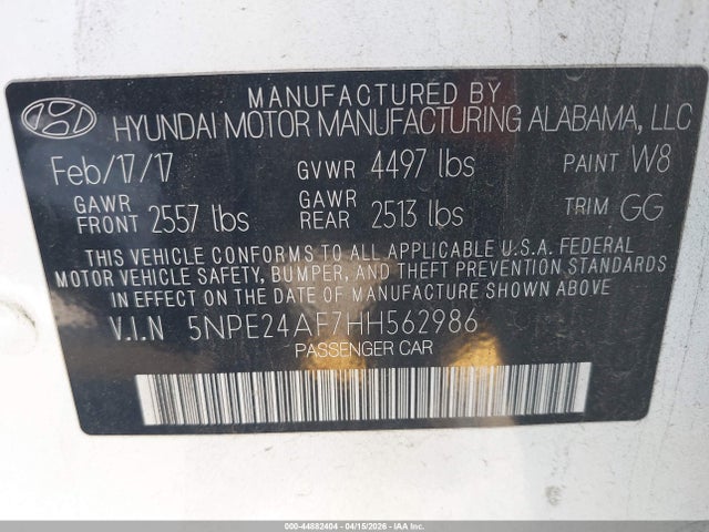 Продажа на аукционе авто 2017 Hyundai Sonata Se, vin: 5NPE24AF7HH562986, номер лота: 44882404