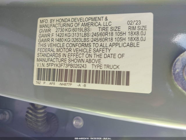 2023 Honda Ridgeline Rtl-e მანქანა იყიდება აუქციონზე, vin: 5FPYK3F73PB026243, აუქციონის ნომერი: 44882416