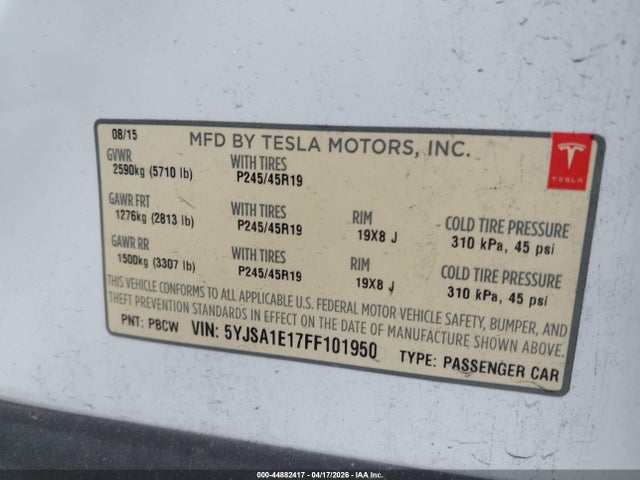 Продаж на аукціоні авто 2015 Tesla Model S 60/70/85, vin: 5YJSA1E17FF101950, номер лоту: 44882417