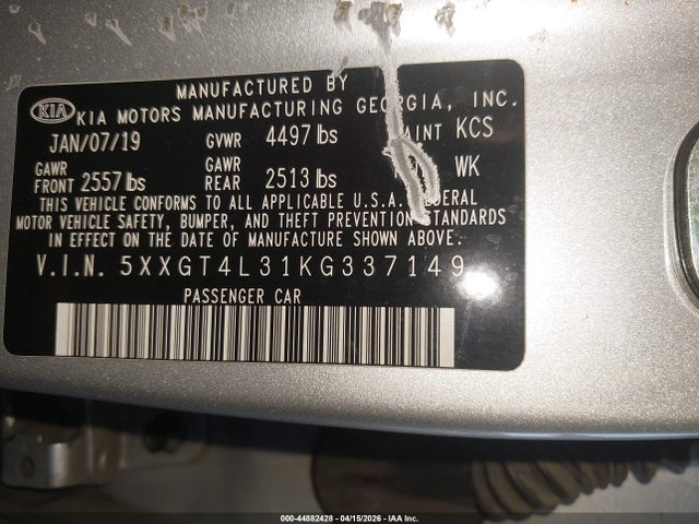 44882428 :رقم المزاد ، 5XXGT4L31KG337149 vin ، 2019 Kia Optima Lx مزاد بيع