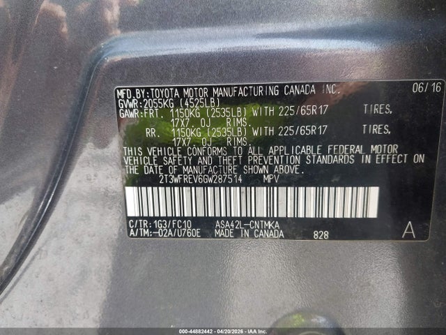 2T3WFREV6GW287514 Toyota Rav4 Xle