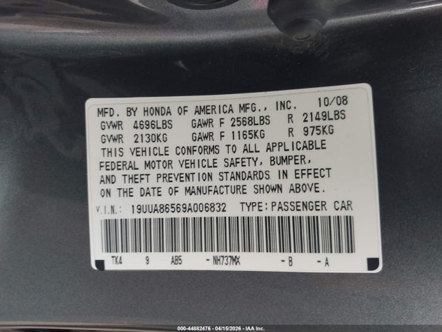 44882476 :رقم المزاد ، 19UUA86569A006832 vin ، 2009 Acura Tl 3.5 مزاد بيع