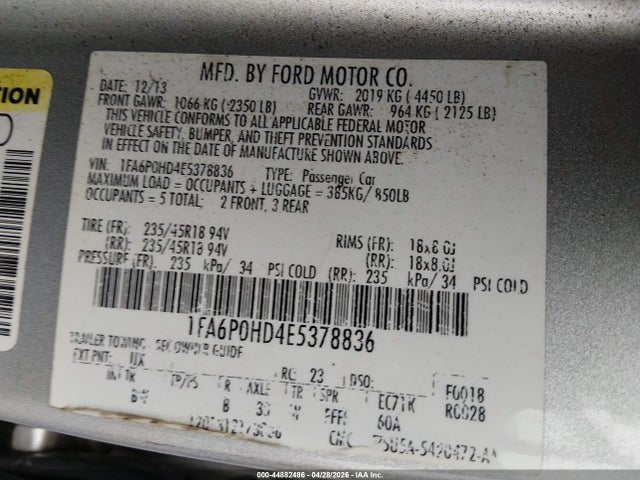 Aukcja sprzedaży 2014 Ford Fusion Se, vin: 1FA6P0HD4E5378836, numer aukcji: 44882486