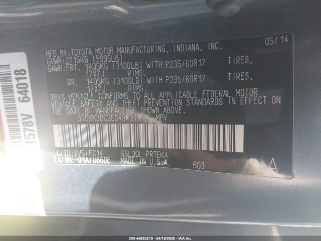 Aukcja sprzedaży 2014 Toyota Sienna Le V6 8 Passenger, vin: 5TDKK3DC3ES487319, numer aukcji: 44882519