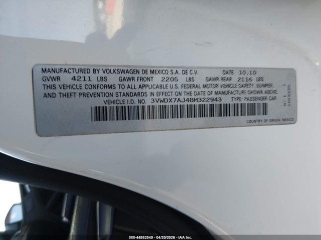 2011 Volkswagen Jetta 2.5l Se მანქანა იყიდება აუქციონზე, vin: 3VWDX7AJ4BM322943, აუქციონის ნომერი: 44882549