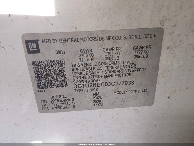 44882568 :رقم المزاد ، 3GTU2NEC0JG177933 vin ، 2018 Gmc Sierra 1500 Slt مزاد بيع