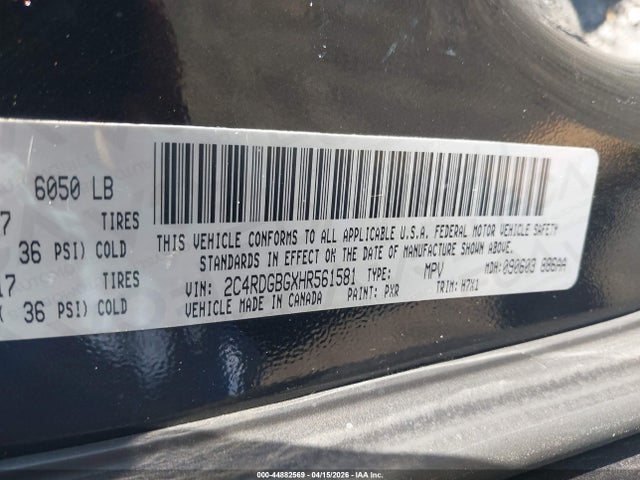 44882569 :رقم المزاد ، 2C4RDGBGXHR561581 vin ، 2017 Dodge Grand Caravan Se مزاد بيع