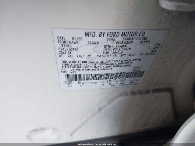 Продаж на аукціоні авто 2008 Ford Edge Limited, vin: 2FMDK49C08BA50595, номер лоту: 44882585