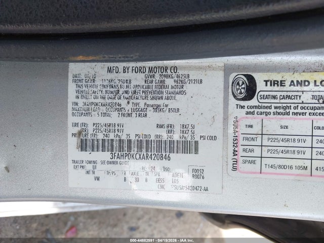 Продаж на аукціоні авто 2010 Ford Fusion Sport, vin: 3FAHP0KCXAR420846, номер лоту: 44882591