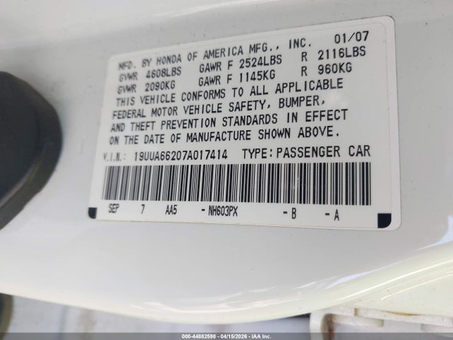 2007 Acura Tl 3.2 მანქანა იყიდება აუქციონზე, vin: 19UUA66207A017414, აუქციონის ნომერი: 44882598
