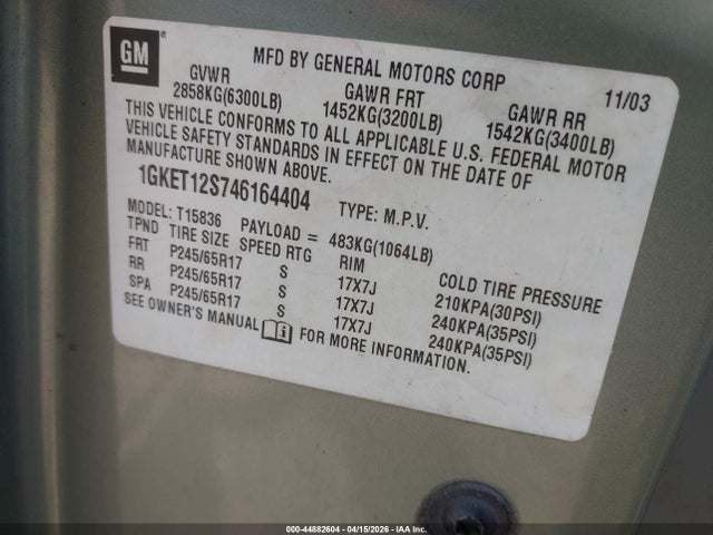 2004 Gmc Envoy Xuv Sle მანქანა იყიდება აუქციონზე, vin: 1GKET12S746164404, აუქციონის ნომერი: 44882604