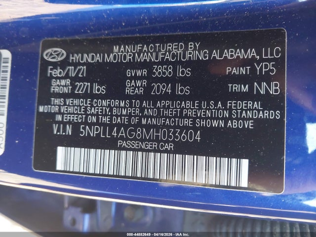 Aukcja sprzedaży 2021 Hyundai Elantra Se, vin: 5NPLL4AG8MH033604, numer aukcji: 44882649