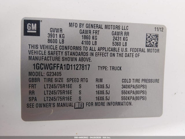 Продажа на аукционе авто 2013 Chevrolet Express 2500 Work Van, vin: 1GCWGFFA1D1127817, номер лота: 44882652