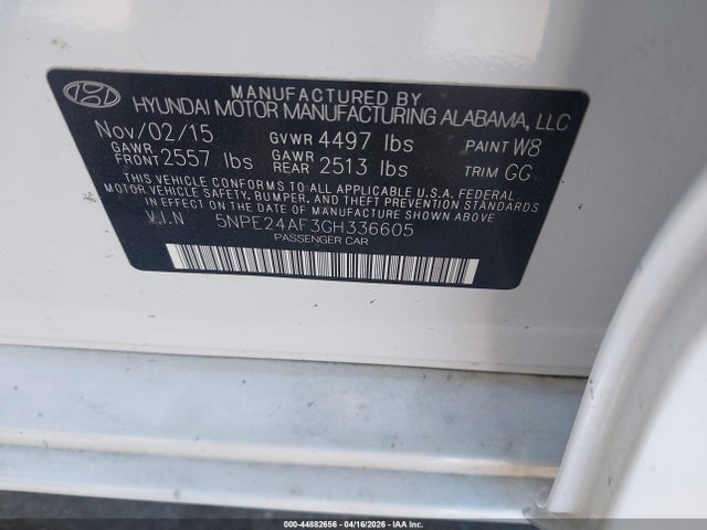 Aukcja sprzedaży 2016 Hyundai Sonata Se, vin: 5NPE24AF3GH336605, numer aukcji: 44882656