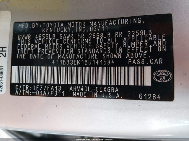 2011 Toyota Camry Hybrid მანქანა იყიდება აუქციონზე, vin: 4T1BB3EK1BU141584, აუქციონის ნომერი: 44882662