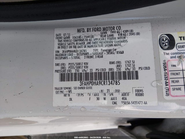 Aukcja sprzedaży 2012 Ford Fusion Se, vin: 3FAHP0HA9CR134785, numer aukcji: 44882663
