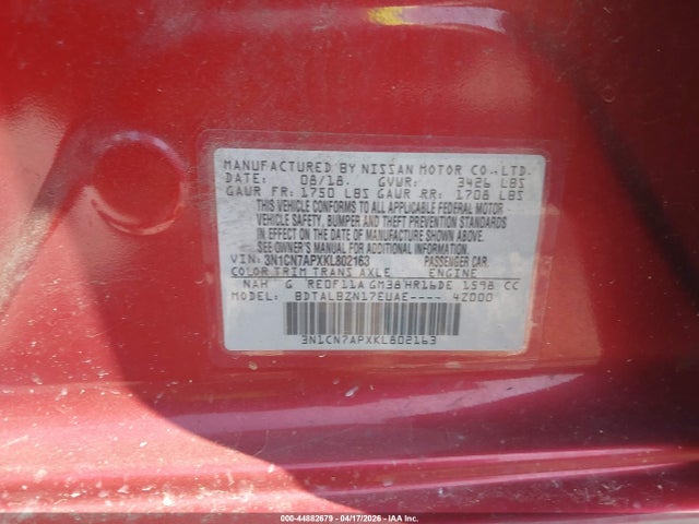 Auction sale of the 2019 Nissan Versa 1.6 Sv, vin: 3N1CN7APXKL802163, lot number: 44882679