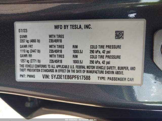 Продажа на аукционе авто 2023 Tesla Model 3 Long Range Dual Motor All-wheel Drive, vin: 5YJ3E1EB6PF617588, номер лота: 44882683