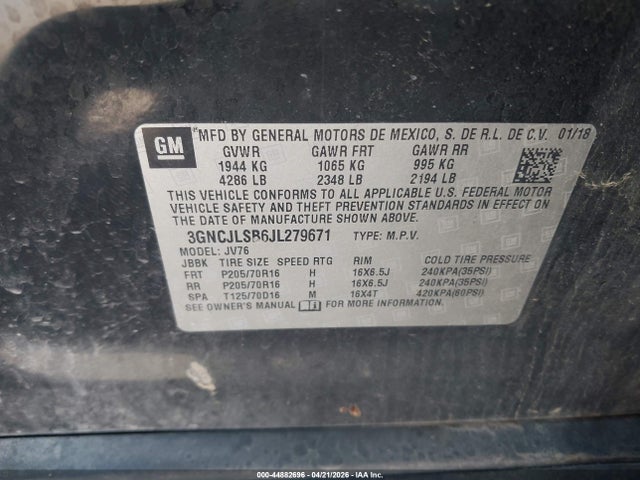 44882696 :رقم المزاد ، 3GNCJLSB6JL279671 vin ، 2018 Chevrolet Trax Lt مزاد بيع