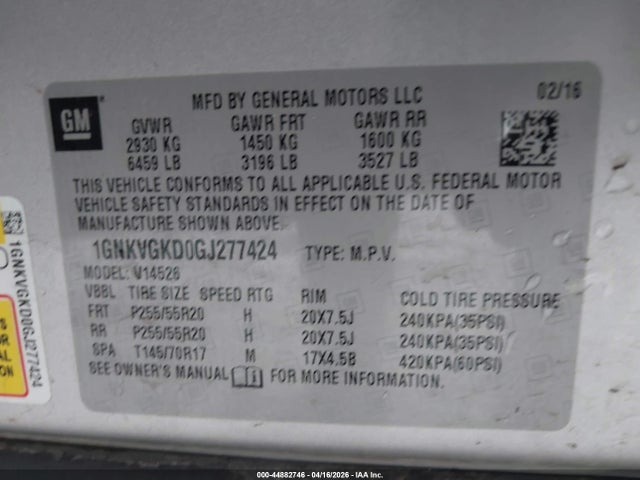 44882746 :رقم المزاد ، 1GNKVGKD0GJ277424 vin ، 2016 Chevrolet Traverse 1lt مزاد بيع