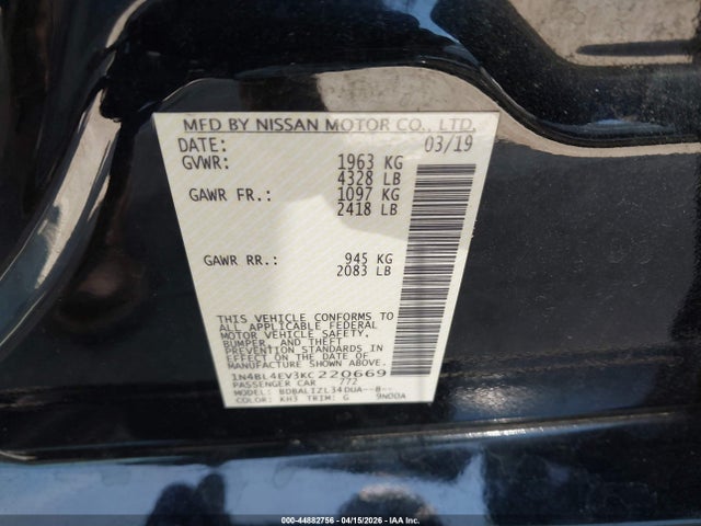 44882756 :رقم المزاد ، 1N4BL4EV3KC220669 vin ، 2019 Nissan Altima 2.5 Sl مزاد بيع
