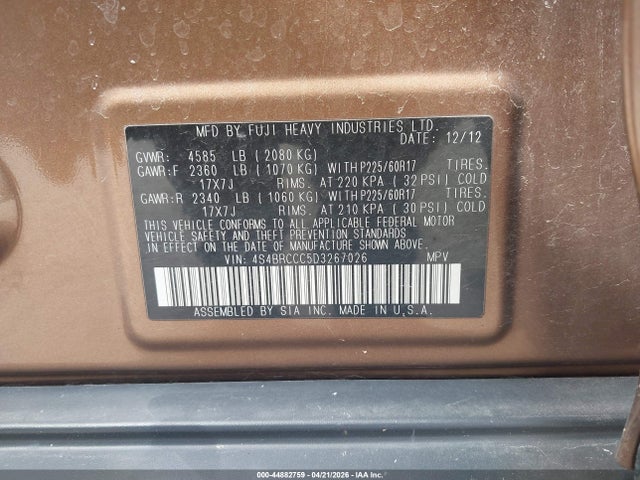 Продаж на аукціоні авто 2013 Subaru Outback 2.5i Premium, vin: 4S4BRCCC5D3267026, номер лоту: 44882759